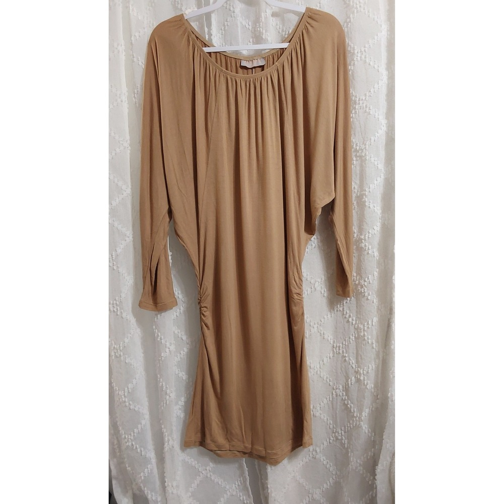Nibbatti Tan Dolman Sleeve Ruched Side Jersey Knit Dress Medium Made in USA